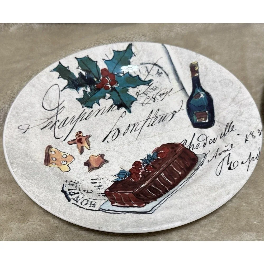 Set Of 2 Matching Williams Sonoma Holiday Christmas 8 3/4” Plates Fruitcake Wine